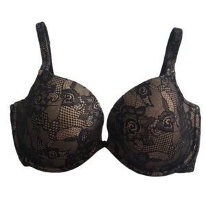 Lilyette Size 40DD underwire bra. Black lace over beige. Adjustable straps